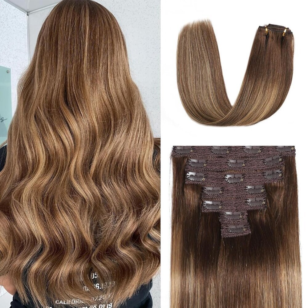Real Human Hair Extensions Clip In 24 Inch Ombre Brown Blonde Thick Volume